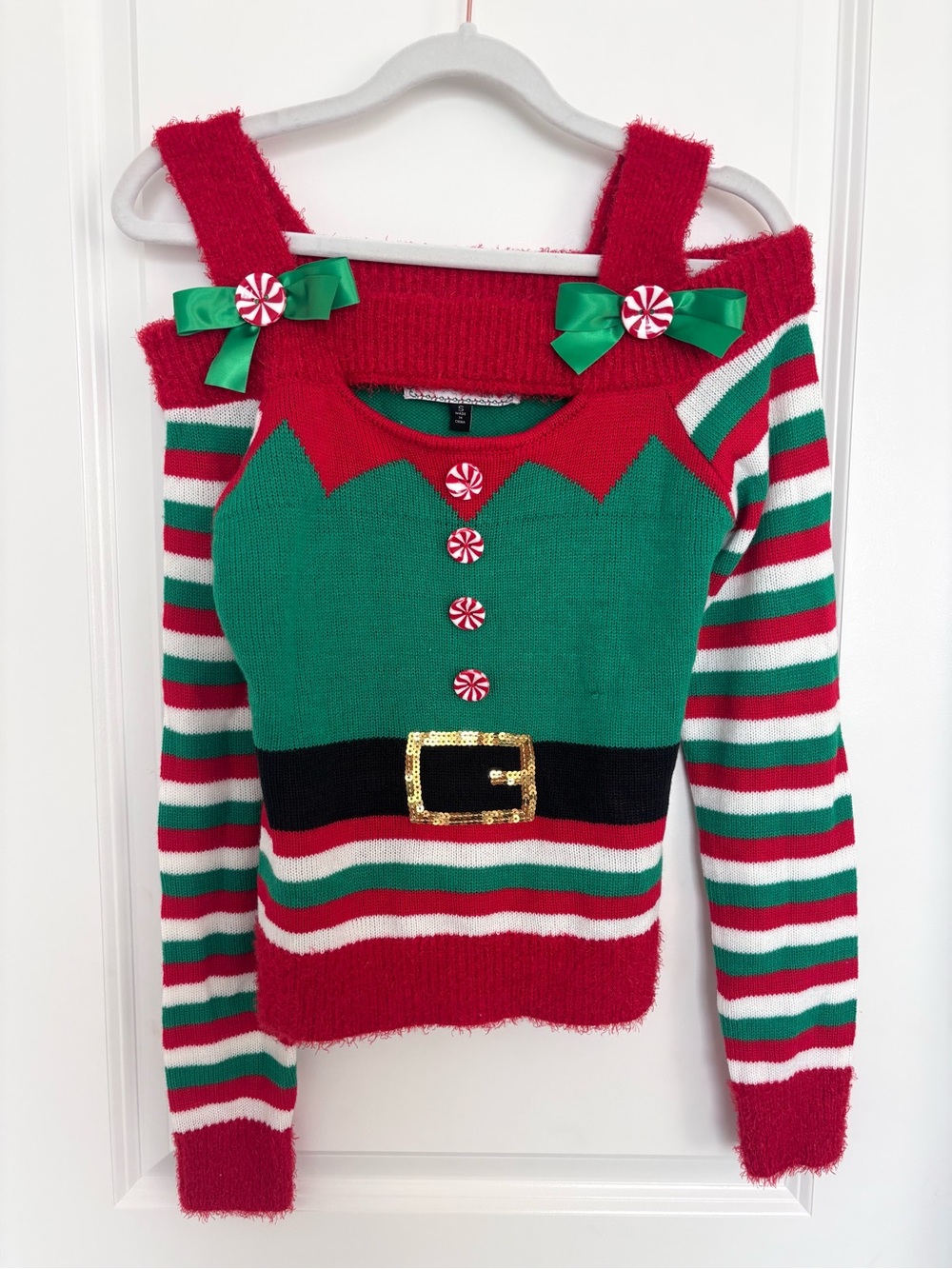 Christmas Elf Ugly Sweater S Red Green Striped Santa Belt Holiday Novelty Knit